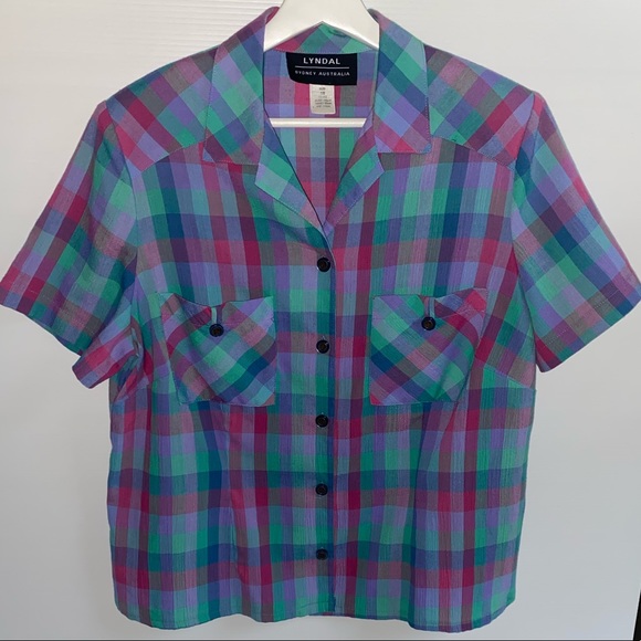 vintage 80s/90s Women’s Lyndal Aus Made bright check short sleeve blouse size 16 - Picture 3 of 12